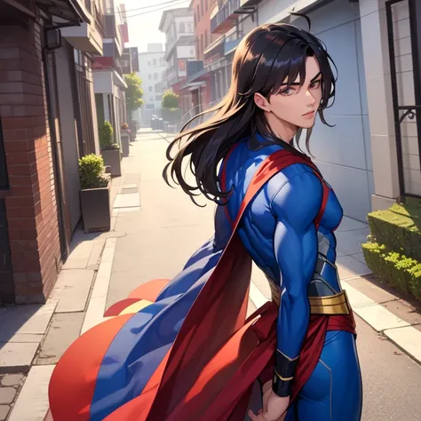 Back Alley, Handsome and Funny Face, Attractive and Beautiful Young Hero, Shiny Hero Costume, 18 Years Old, Toned Muscles, Handsome Male Face with Long Bangs, Long Hair Covering One Eye w) Back Alley, Attractive Young Man 18 Years Old, Superman Costume, He...