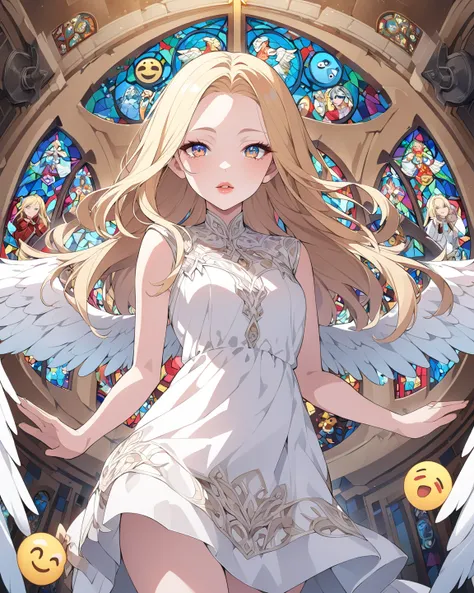 Female angel (age:1.2)、(nationality:1.2)、(Detailed description of clothing :1.2)、( Accessories:1.2)、( facial features :1.3)、( Emoji:1.2)、(Body Type:1.2)、( pose :1.3)、青いeye、((loose white dress with drapes)) (Detailed description of clothing :1.2) Wearing、 l...