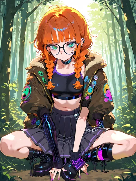 \(rocks, forest\), 1girl, solo, \(orange hair, Messy Twin Braids with Curtain Bangs hairstyle, glasses, freckles, small breasts, Crop Top, Boots, Cyber Goth Arm Warmers, Bomber Jacket, Pleated Skirt\)
