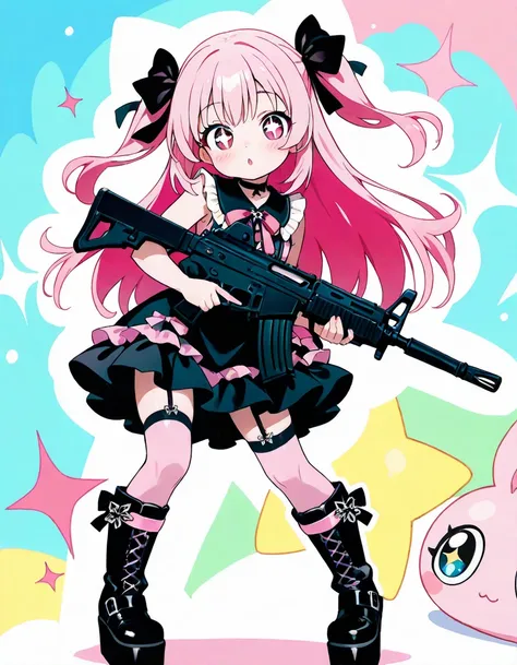 masterpiece,(bestquality),ultra-detailed,cute,(1girl),Jirai Kei fashion,detailed eyes,(bright pink hair),(large eyes:1.2),(cute pose:1.3),(Holding Howa Type 89 Assault Rifle:1.1),(focus on Howa Type 89 Assault Rifle:1.3),(Howa Type 89 Assault Rifle accurat...