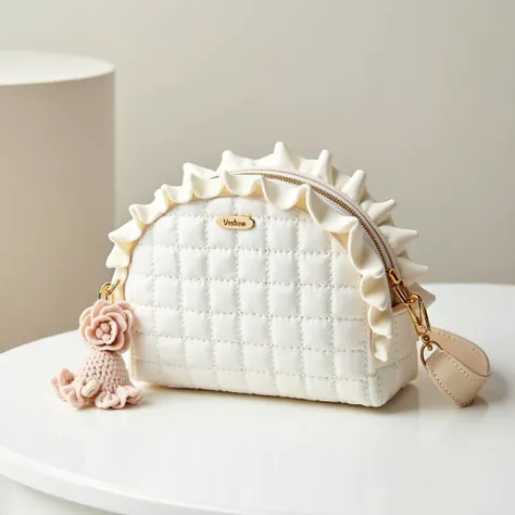 A stylish half-moon-shaped crossbody bag made of quilted white cotton fabric with a soft, padded texture. The bag features a top zipper closure instead of a flap, with a delicate crochet flower keychain hanging from the zipper pull. A neatly stitched grid-...