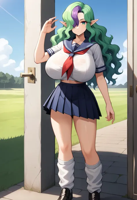 1girl, solo, (field:1.2), (blue sky:1.2), misery, retro artstyle, 1990s \(style\), pointy ears, green eyes, two-tone hair, green hair, purple hair, long hair, hair over one eye, wavy hair, school uniform, loose socks, leather shoes, serafuku, pleated skirt...