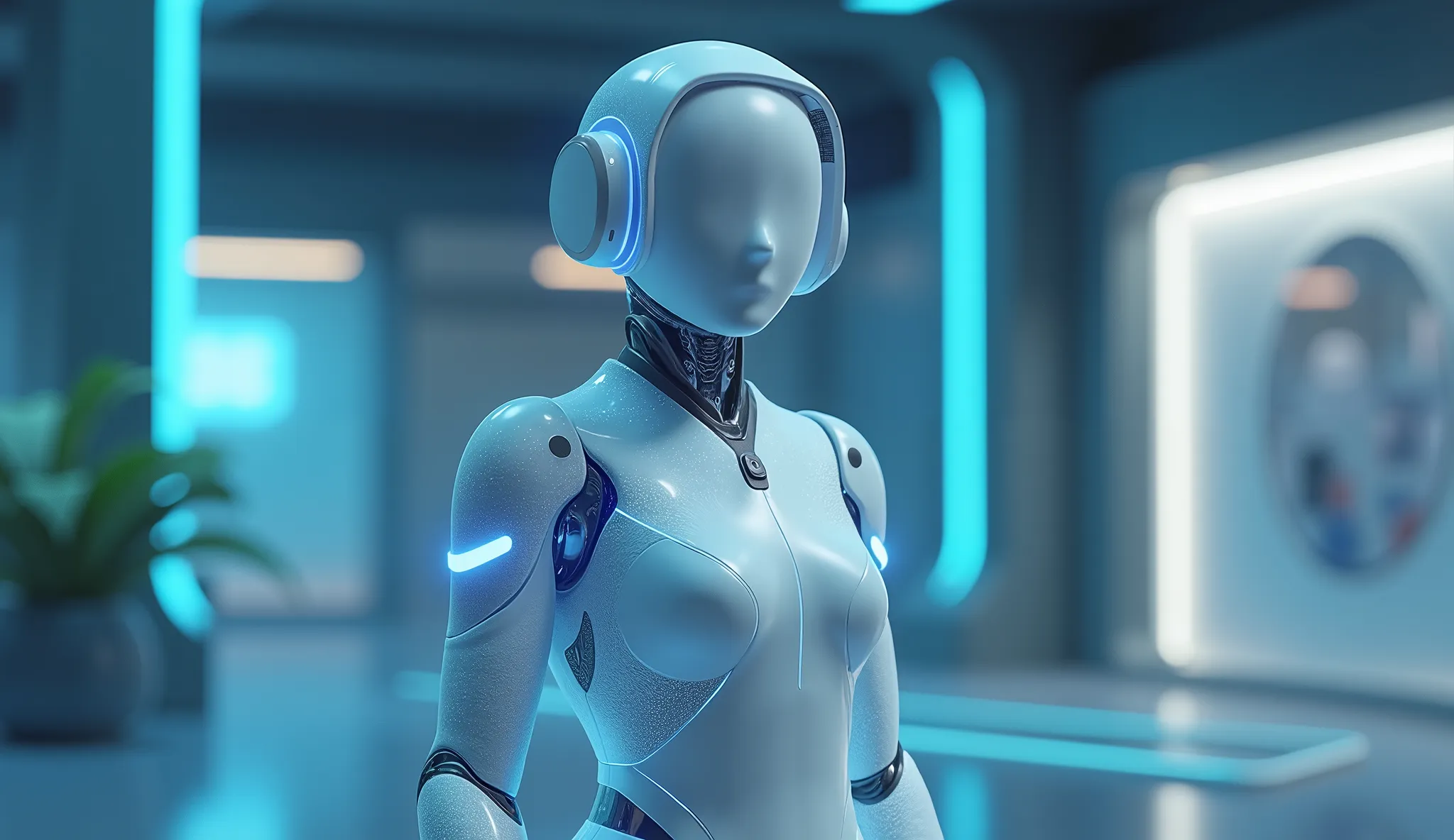 A futuristic digital human assistant, depicted as a sleek and professional virtual figure. The assistant should appear friendly yet advanced, with glowing, translucent skin and soft blue lighting. It should be standing confidently in a modern, tech-inspire...