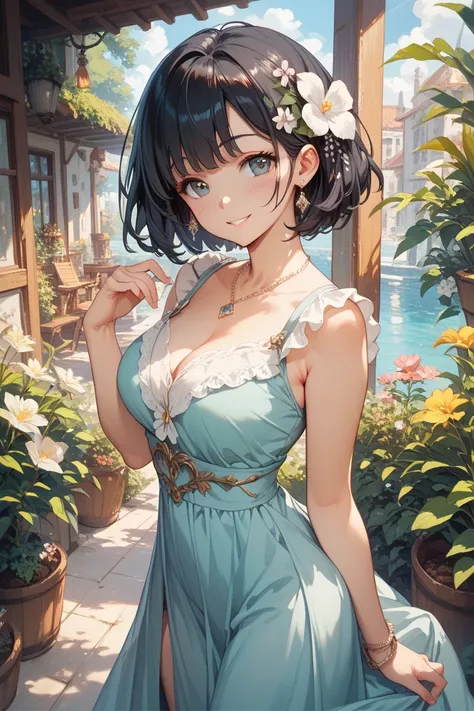 uncensored black hair short hair flower hair ornament cute smile beautiful big boobs intelligent plain clothes casual date blush