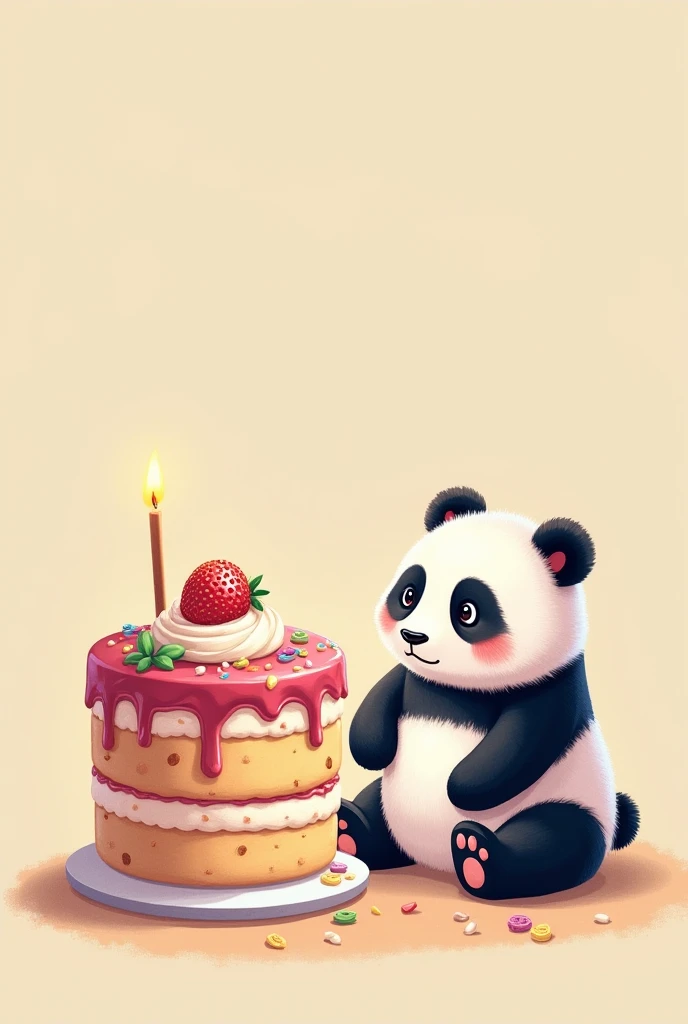 Create image of size 9:16 in which there is cake on left side and panda on right side
