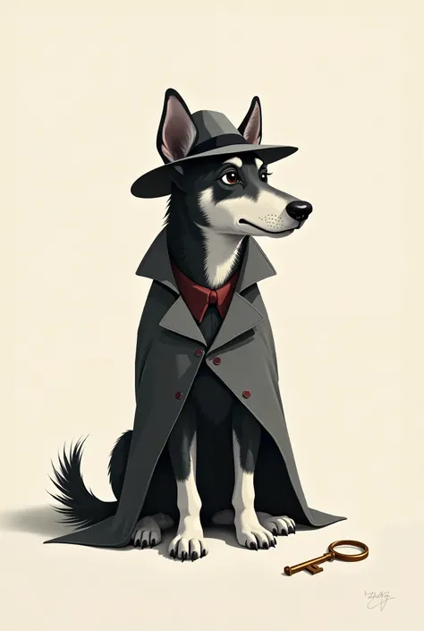 A minimalist and artistic depiction of a detective dog in a monochromatic palette, focusing on clean lines and negative space. The dog is seated calmly under a single spotlight, wearing a sleek trench coat and a small fedora hat tilted slightly. The backgr...