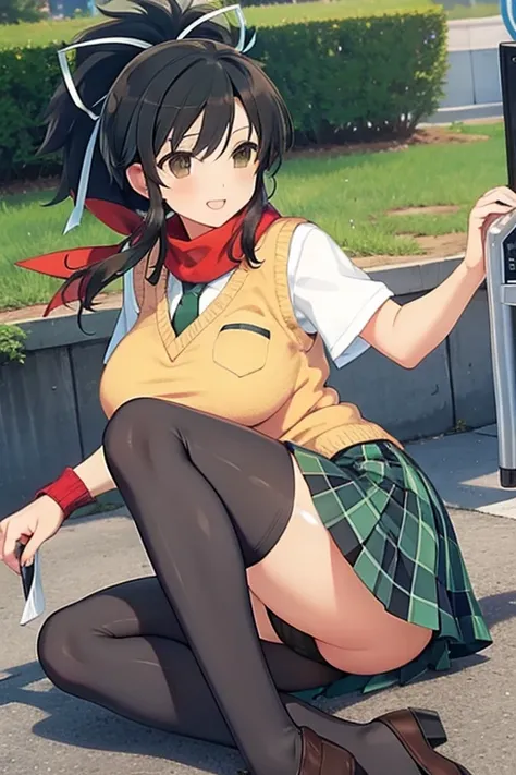 sliding,Foot-first slide,on side,striped panties,black hair,short ponyTail,Colossal tits,red scarf,White Hair Ribbon,green necktie,yellow sweater vest,pleated skirt,plaid skirt,Green Short Skirt,Black thighhighs,Private Mouse