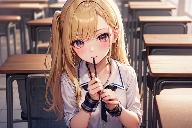  blonde gal 　 high school girl　 school classrooms　 eyeshadow　 mascara　Full make-up　 eyeliner