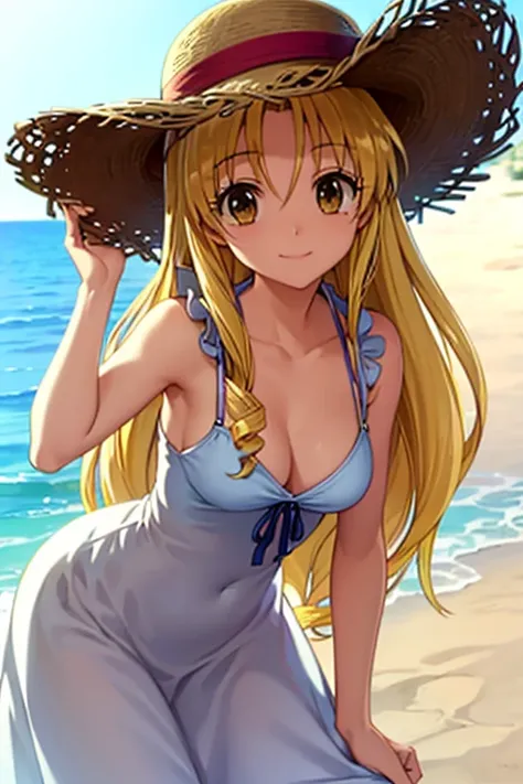 (exceptional, best aesthetic, new, newest, best quality, masterpiece, extremely detailed), 1girl, solo, mitsuki_fullmoon, smile, sundress, beach, leaning_forward, drill_hair, straw_hat