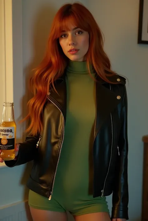  Hyper realistic photo of a 17-year-old girl , latina tanned white tea , 1.40 meters tall,  hair
Red-haired
shiny gold long wavy with fringed butt on the forehead, proportional waist and hips , He's wearing a full pistachio green turtleneck jumpsuit with a...