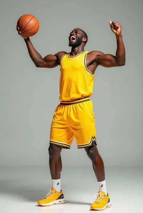 Young attractive, muscled, african man celebrate , he is basketball player, in yellow form on him, with basketball ball, smiling, full body in camera, best quality, clear quality, high quality, 4K, 8k, clean character, clear background
