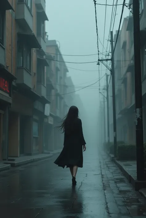  A girl walking in sad blacks walking down the street. A light breeze of ruzgar in the streets with a rainy fog  