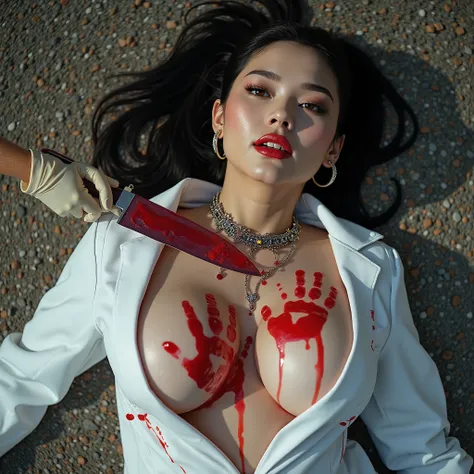 Gorgeous asian woman, with ponytail, hoop earrings, choker, huge oversized breasts that have large red liquid handprints with white lab coat that's been ripped open. She is lying on her back of floor of gravel ground. She has a large knife blade lodged int...