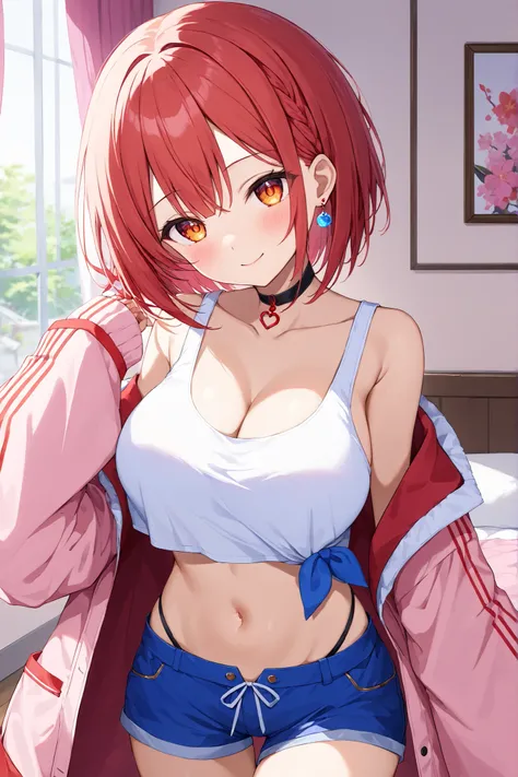 sawaki rinna,  high res,  Masterpiece,  very detailed,  1 Japanese Woman ,

short bob hair, red hair, dark orange eyes , 
breasts, large breasts, 
clothing(red piercing in the right ear), 

default outfit, white  tank top,  front-tie top, bare shoulders, w...