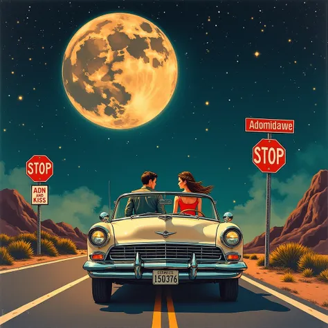 “blend various elements to create a striking mixed media vibe. It features a vintage car scene with a man and a woman in the front seat, characterized by retro clothing and a classic dashboard. The view ahead reveals an expansive road stretching toward a n...