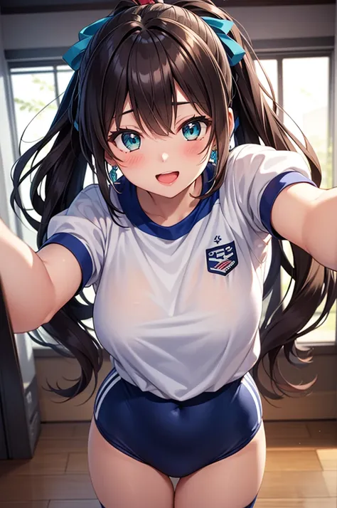 A beautiful girl in a gym uniform getting ready to do exercises, anime girl, 1girl, (20 years old girl), (aged up), schoolyard, a light skinned girl, dark brown hair, bangs, hair intakes, long hair, ponytail, wavy hair, shiny hair, hairclip, hair ribbon, a...