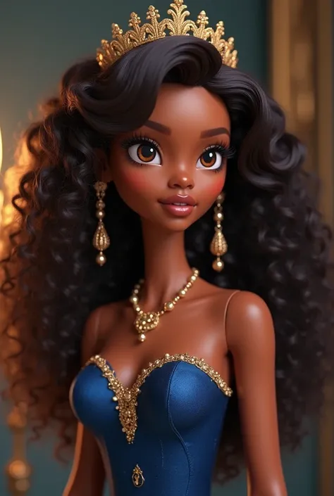  hair thread create a female character with better quality,  Masterpiece, Dark brown curly hair ,  brown eyes, clothes in dark blue tones ,  Looking up ,  parte superior do corpo,Curly hair,  pele negra, inspired by Disney's Princess Tiana, in a dress with...