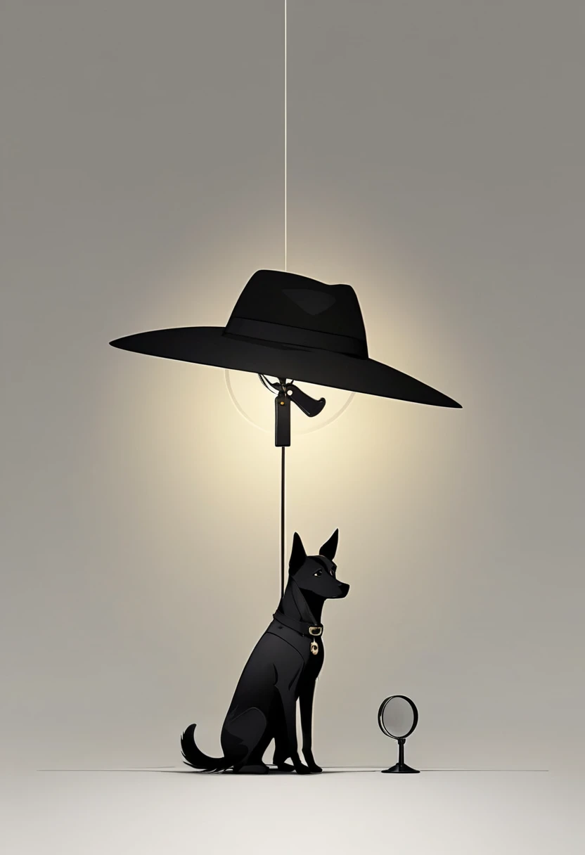 A minimalist and artistic depiction of a detective dog in a monochromatic palette, focusing on clean lines and negative space. The dog is seated calmly under a single spotlight, wearing a sleek trench coat and a small fedora hat tilted slightly. The backgr...