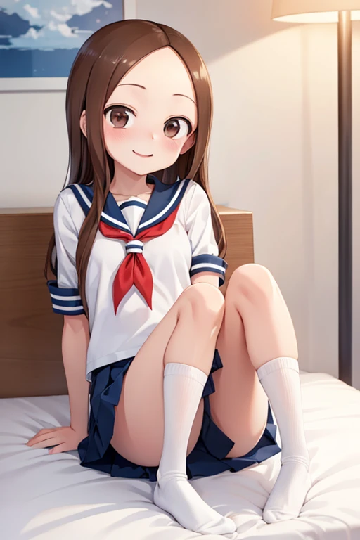 (Takagi)
 upper body： sailor suit
lower body：navy blue miniskirt
Subject size：maiden
backgrounds：bedroom
Time ：daytime
expression ： smile
Posture ：Sleep on the bed
others： white socks