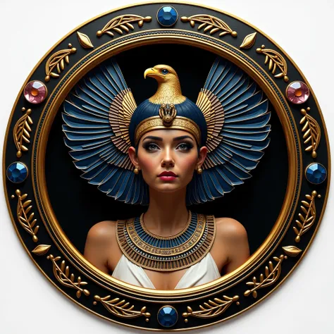 Create a professional circular 3D frame of Ancient Egyptian Queen Cleopatra, Modern, Luxury, Golden, Black, White, Blue, Red, Eagle, Wings, Diamond, Shiny, Creative, the entire frame must be empty, Cinematography