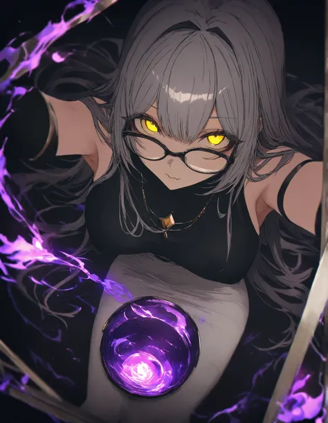 mirror、Glasses、glowing eyes、long hair, gray hair, masterpiece, top quality, very beautiful, absurd, with bangs, glasses, yellow eyes, yellow eyes, 眼mirror、by washiya0 ,  masterpiece, high score,   great score,   is ridiculous, 
 1 girl, Alone,   white skir...