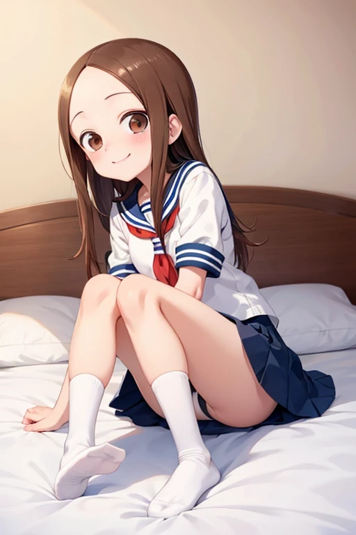 (Takagi)
 upper body： sailor suit
lower body：navy blue miniskirt
Subject size：maiden
backgrounds：bedroom
Time ：daytime
expression ： smile
Posture ：Sleep on the bed
others： white socks