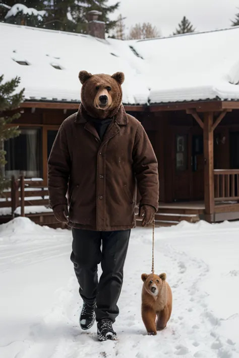 A man walking with a friendly big bear on the snow
