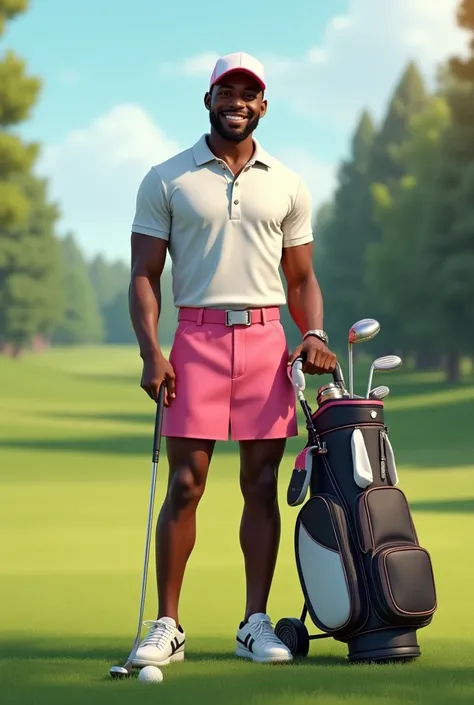 Black man wearing a pink tennis skirt , Black man with a golf bag standing facing the front on a , Picture a black man standing looking straight ahead on a golf field with a 7 iron and smiling