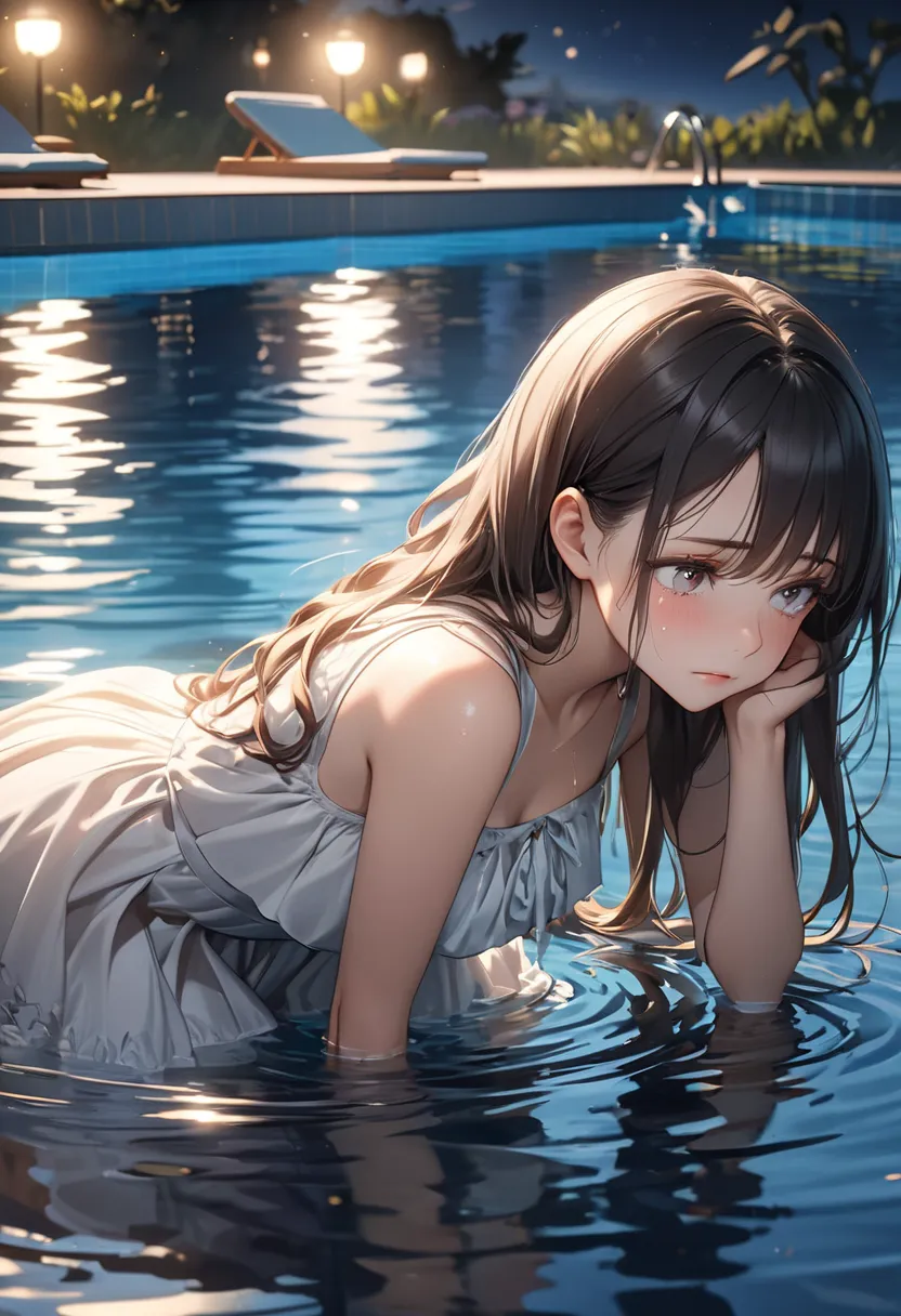 A high-quality anime illustration, 1girl, wearing a dress, (crouching by the poolside:1.3), from side, looking away, straight black long hair, beautiful and detailed eyes, brown irises, a well-defined, (attractive face:1.3), and a faint hint of tears in he...