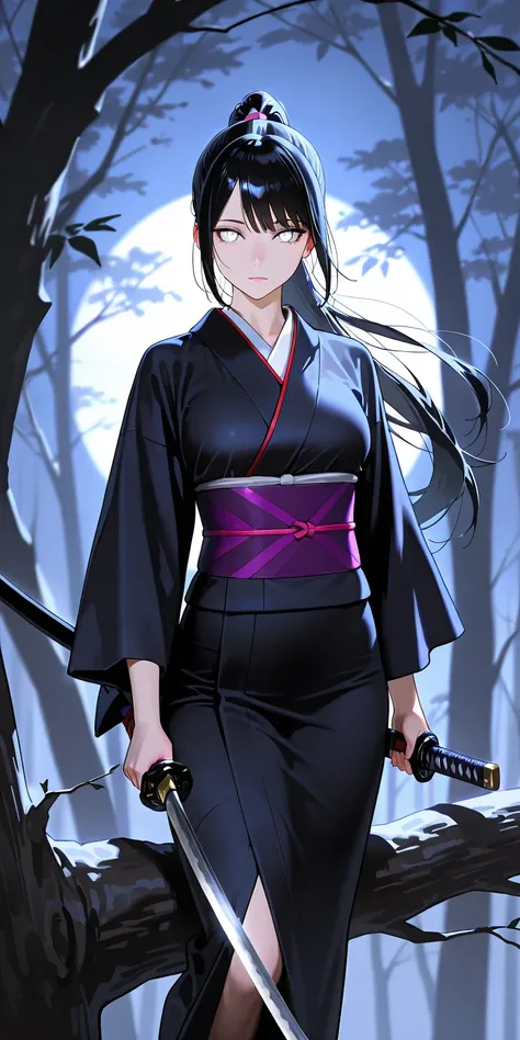 Masterpiece, newest, vibrant, very aesthetic, high contrast, mature woman, hinata hyuga, black hair, pony hair, straight hair, high ponytail long hair, white eyes, black thight kimono, full body, expressionless, sharp eyes, night on the deep forest (standi...