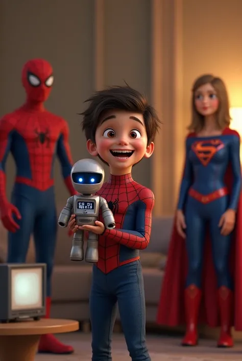 Prompt:

"Cinematic, high-quality 3D rendering. A young boy in a Spider-Man suit (without a mask) excitedly holds a small AI-powered robot with glowing blue eyes and a screen on its chest. His face is full of joy and pride. In the background, Spider-Man an...