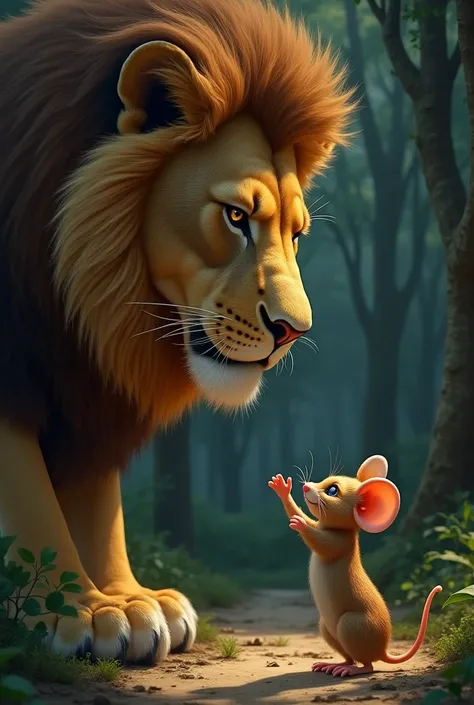 The mouse pleading with the lion, standing on its hind legs with tiny paws raised, while the lion contemplates letting it go.