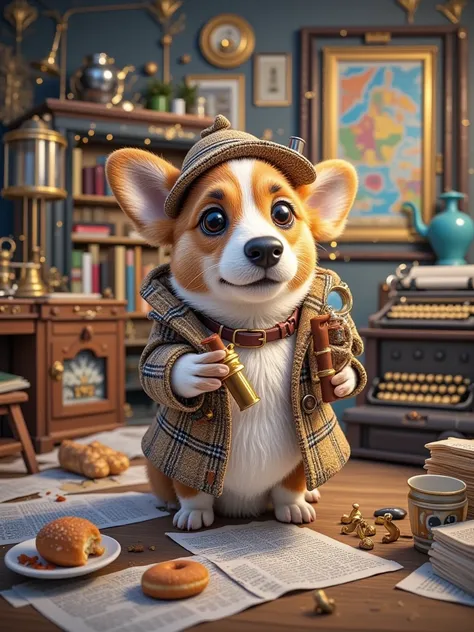 A delightful image of a Corgi dog working as a detective. The Corgi wears a classic detective outfit including a checkered trench coat and a vintage magnifying glass. The setting is an old wooden desk cluttered with notes, vintage lamps, and antique books....