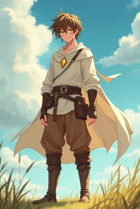 Anime style,a 20 years old human male, messy Fringe hairstyle, hair brown as tree barks, and eyes citrine and textured like a jewel, clad in a cream white tunic, cedar brown breeches, leather jerkins, and a pair of knee-high leather boots, but make it look...