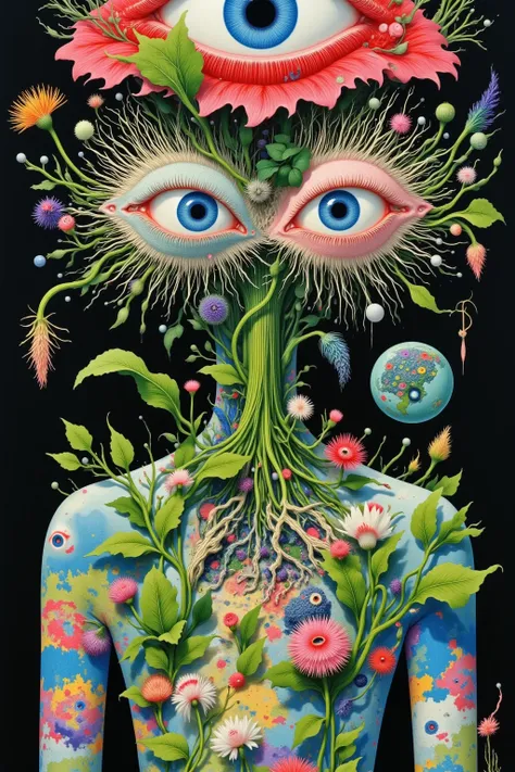 A painting， A flower with big eyes in a painting ， with plants around him ,  Psychedelic Surrealist Art , The Holy Grail of the Brain's Eye ,  Shaman Horror LSD Art ,  Psychedelic illustration ,  pop surrealism,  surreal psychedelic design , Exotic plants ...