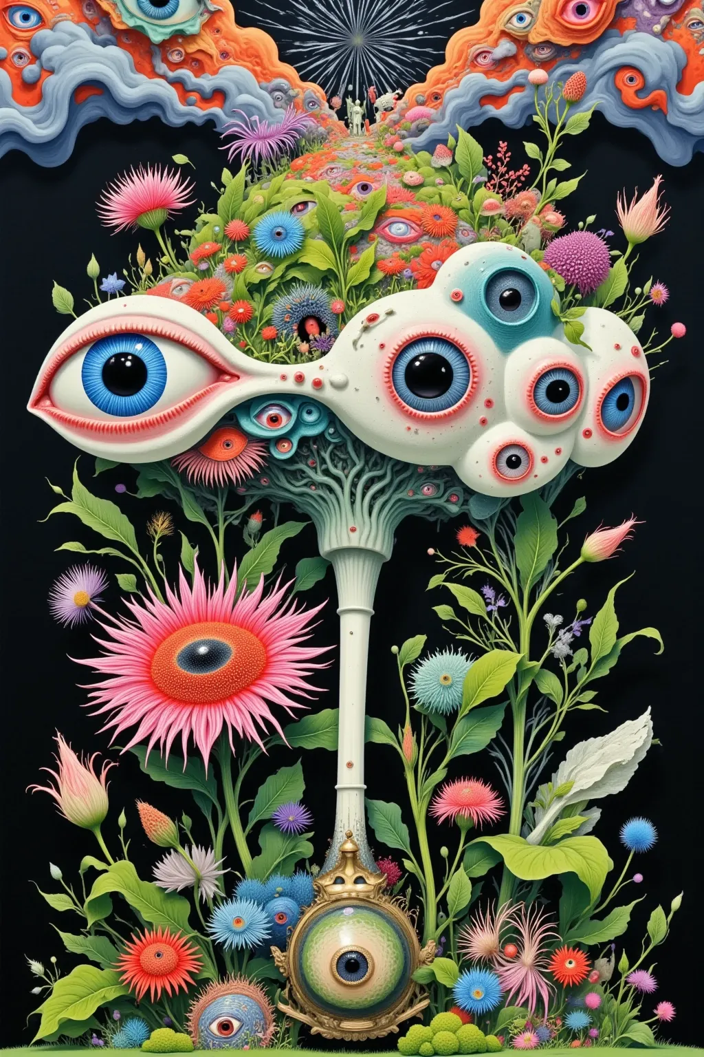 A painting， A flower with big eyes in a painting ， with plants around him ,  Psychedelic Surrealist Art , The Holy Grail of the Brain's Eye ,  Shaman Horror LSD Art ,  Psychedelic illustration ,  pop surrealism,  surreal psychedelic design , Exotic plants ...