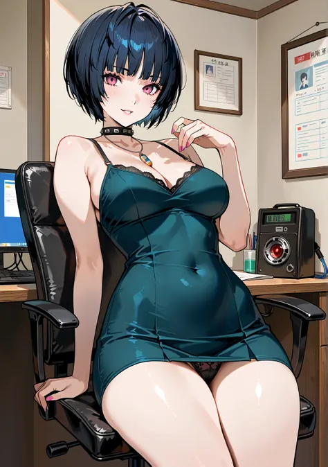  Ultra-high definition、Beauty、Myo Takumi、I'm focusing on Persona's Takemi 、Persona 5、Female doctor、 28 years old 、 black hair、White、Female doctorのコスチューム、 Clinic 室、 top quality, Beautiful Thighs、 Clinic 、 chair with one hand、doctor chair 、A devilish smile、 ...