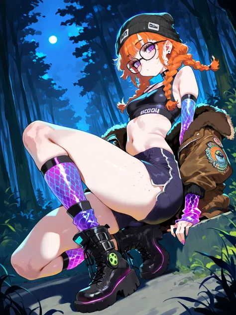 (masterpiece, best quality, amazing quality, very aesthetic), \(rocks, forest, night\), 1girl, solo, \(orange hair, purple eyes, Messy Twin Braids with Curtain Bangs hairstyle, glasses, freckles, small breasts, Crop Top, Boots, Cyber Goth Arm Warmers, Bomb...