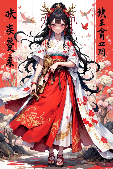  A woman who is a Japanese style monster exterminator , shrine maiden costume based on white and red tones , hairpin（ hairpin）,Hair ornament flower, A shrine maiden costume based on white and red in the background , White jacket（Short sleeves） and red haka...