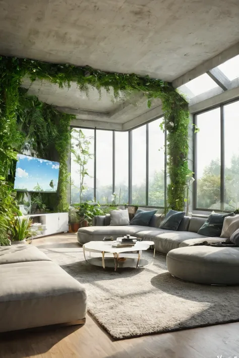 a futuristic living room, with a fantastic landscape on the screen that overflows from the screen. Sober transition. Apartment invaded by vegetation that seems to be taking back its rights. We also see a window that lets rays of light into the living room....