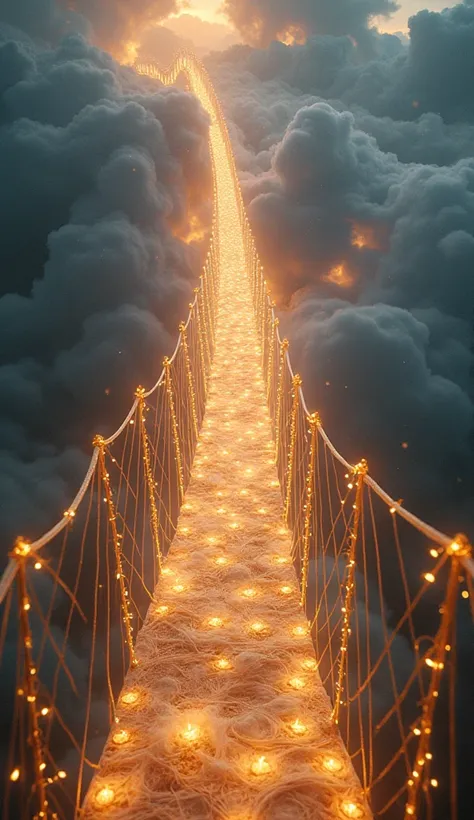 "First-person POV. You step onto a bridge woven from strands of pure light, stretching high above the glowing landscapes below. The bridge seems weightless, floating effortlessly in the air. With each step, the light beneath your feet shifts, responding to...