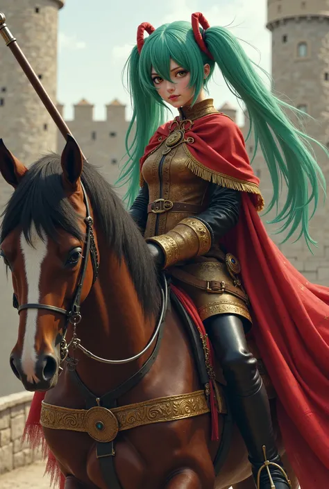  hatsune Miku has green hair and is wearing a costume of red and gold musketeers riding a horse with a musket. Tall and slender white skin. Her expression is arrogant. The backdrop is a medieval stone castle.