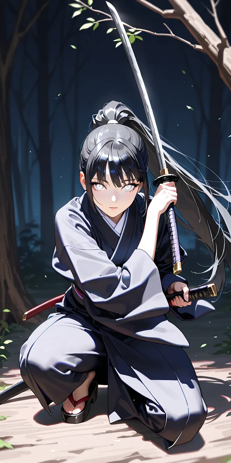 Masterpiece, newest, vibrant, very aesthetic, high contrast, mature woman, hinata hyuga, black hair, pony hair, straight hair, high ponytail long hair, white eyes, black thight kimono, clogs, full body, expressionless, sharp eyes, night on the deep forest ...