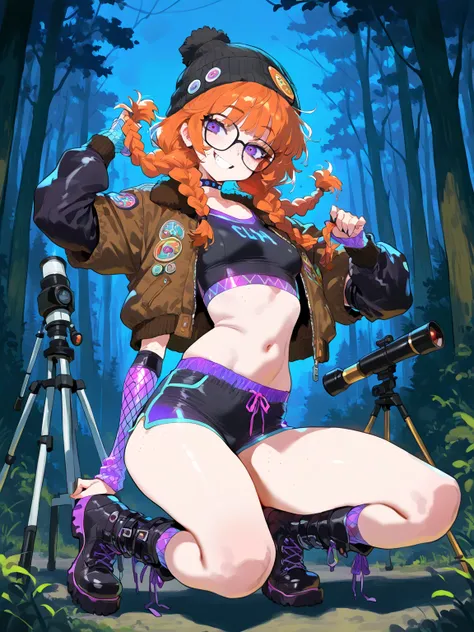 (masterpiece, best quality, amazing quality, very aesthetic), \(rocks, forest, night\), 1girl, solo, \(orange hair, purple eyes, Messy Twin Braids with Curtain Bangs hairstyle, glasses, freckles, small breasts, Crop Top, Boots, Cyber Goth Arm Warmers, Bomb...