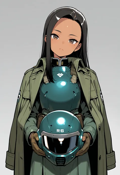 by sasaki tomomi, 1girl, solo, black hair, curtained hair, forehead, long hair, dark brown eyes, mole under right eye, single mole, tan, young girl, flat chest, loli, body armor, futuristic armor, helmet off, holding helmet, military coat, green coat, long...