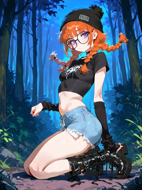 (masterpiece, best quality, amazing quality, very aesthetic), \(rocks, forest, night\), 1girl, solo, \(orange hair, purple eyes, Messy Twin Braids with Curtain Bangs hairstyle, glasses, freckles, small breasts, Crop Top, Boots, Goth Arm Warmers, short slee...