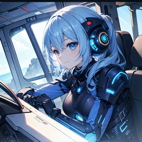 8k, top quality, (Genuine:1.4), original photo of , in the seat, Asari Hair, smile,female style, cute,Biological Amplifiers, Refined Armor, Refined futuristic wartime helmet, posture: Peace Talks between Combating Factions , Smart Blue Eyes ,Kneel