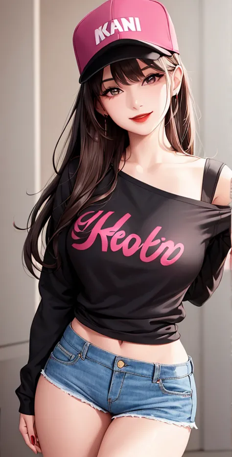 woman, smile, long hair brown, dark, she is solo, red lipstick, from alternative world ,best quality, realistic, pink black shirt, Black shorts , hip hop fashion cap