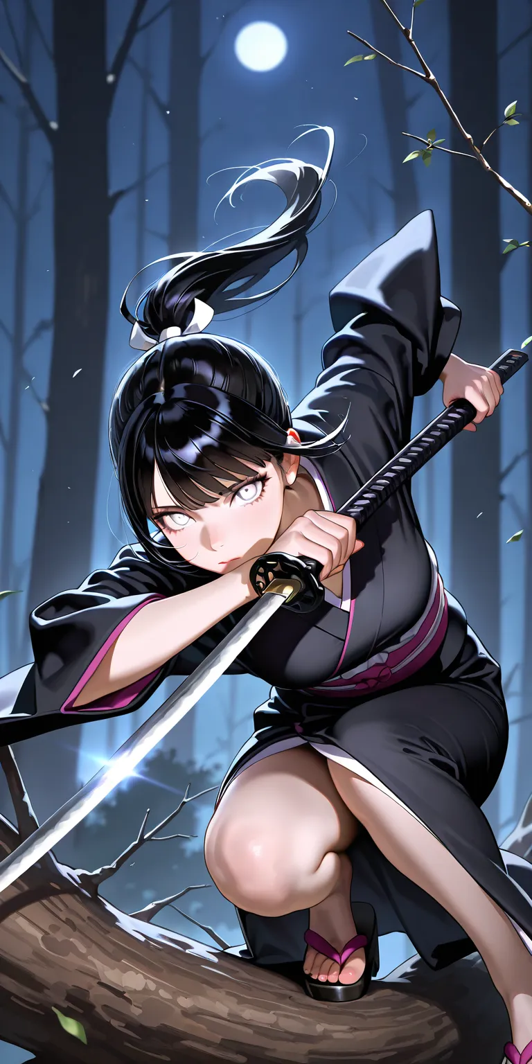 Masterpiece, newest, vibrant, very aesthetic, high contrast, mature woman, hinata hyuga, black hair, pony hair, straight hair, high ponytail long hair, white eyes, black thight kimono, clogs, full body, expressionless, sharp eyes, night on the deep forest ...