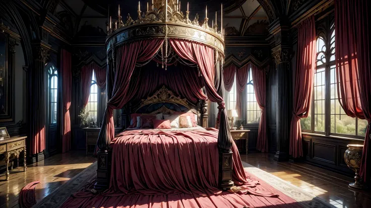 Best quality, masterpiece, ultra high res, raw photo, beautiful and aesthetic,deep shadow, fantasy theme,(ultra detailed:1.3), divine, royal bedroom, indoors, luxurious, canopy bed, full of curtains, pillows, jewelry, candlelight, queen chamber, pink room